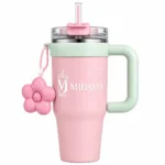 Midavo Pink Insulated Tumbler with Straw Lid and Flower Charm
