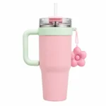 Midavo Pink Insulated Tumbler with Straw Lid and Flower Charm - Image 2