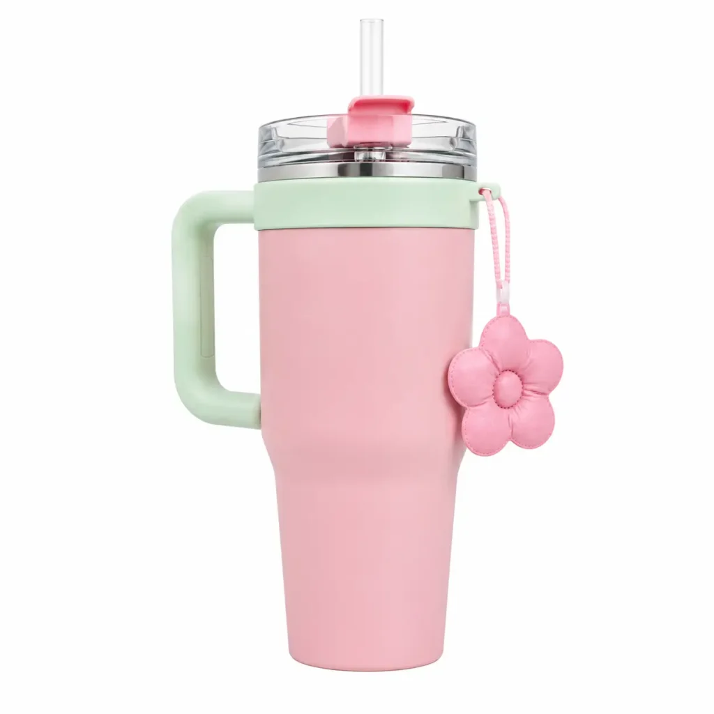 midavo pink insulated tumbler with straw lid and flower charm2